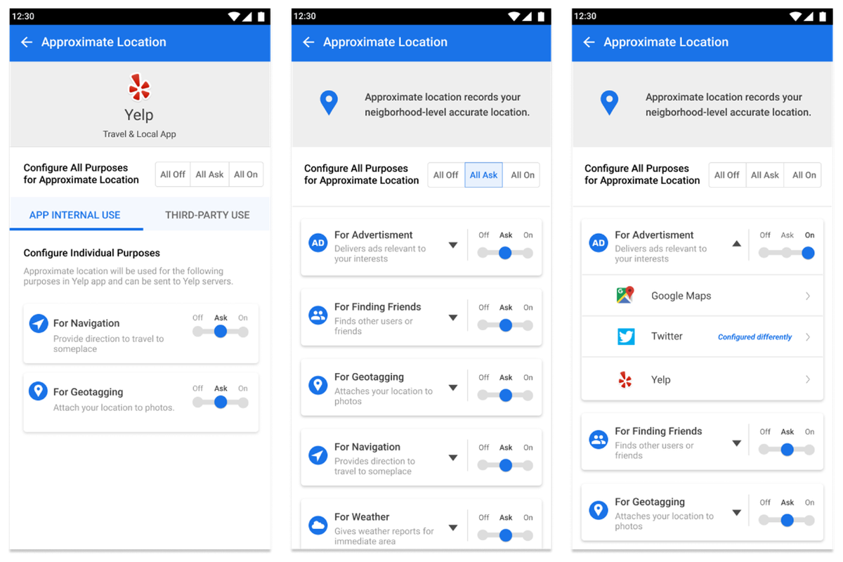 Three Android settings screens showing purpose-based policy cards for approximate location, with per-purpose Off/Ask/On sliders and per-app overrides.