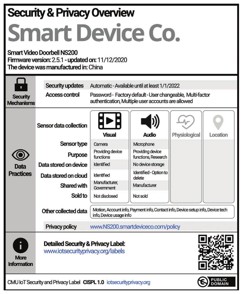 The primary layer of the IoT security and privacy label for a smart video doorbell, listing security mechanisms, sensor data practices, and a QR code.