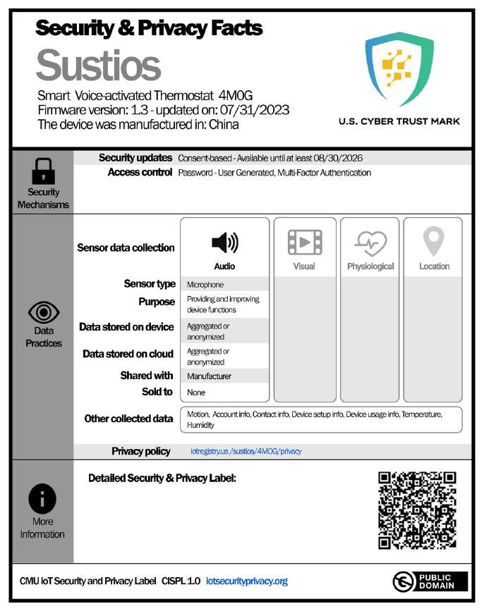 The high-complexity Security & Privacy Facts label for a fictional smart thermostat, with the U.S. Cyber Trust Mark, sensor data practices, and a QR code.
