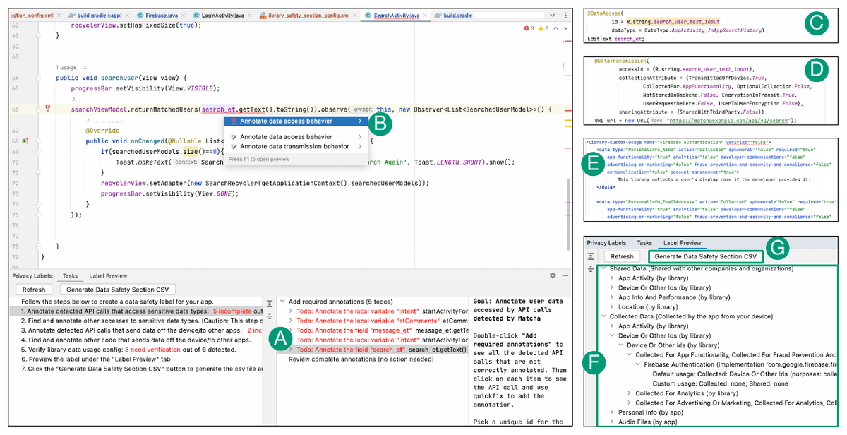 The Matcha plugin in Android Studio: detected data-access API calls, annotation quick-fixes, generated XML label specification, and a preview of the Google Play data safety label.