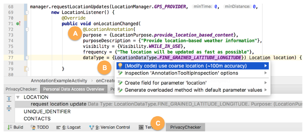 Coconut in Android Studio: a location annotation in code, a quick-fix suggesting coarse location, and a panel summarizing the app's personal data access.