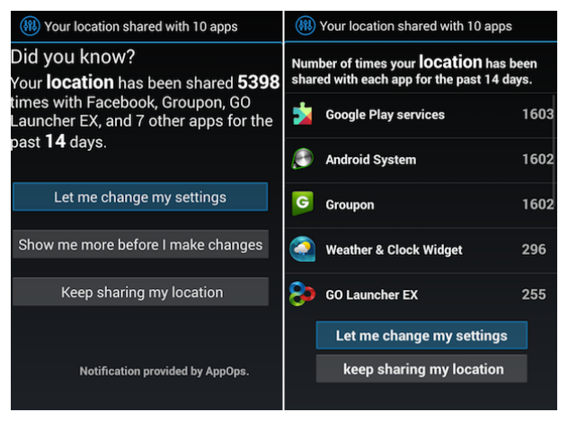 A privacy nudge telling the user their location was shared 5,398 times in 14 days, and a detail screen listing how often each app accessed it.